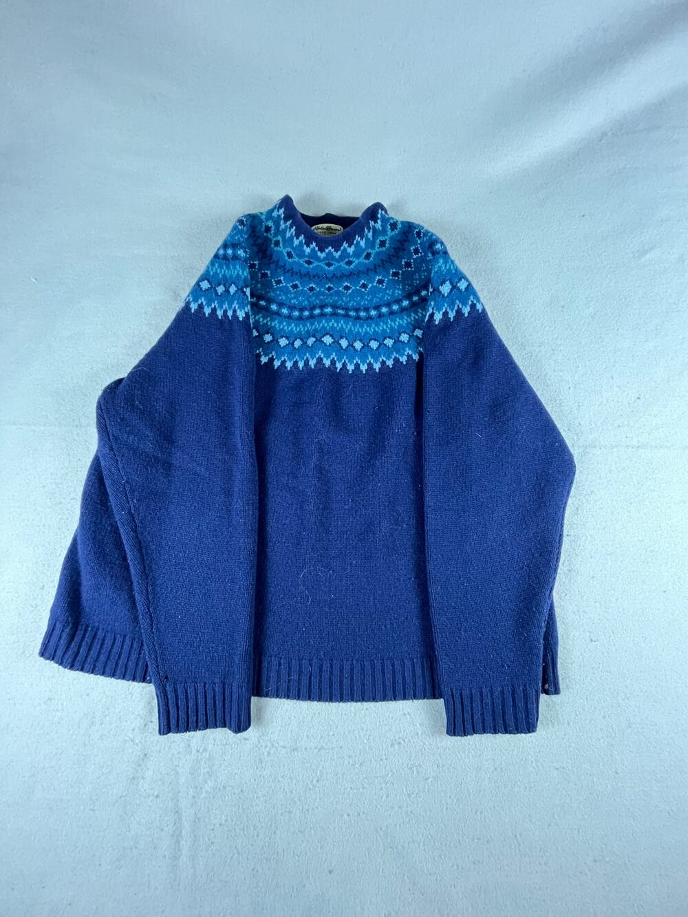 Vintage Eddie Bauer Sweater Womens 2XL Blue Lambswool Fair Isle Yoke Knit Ribbed